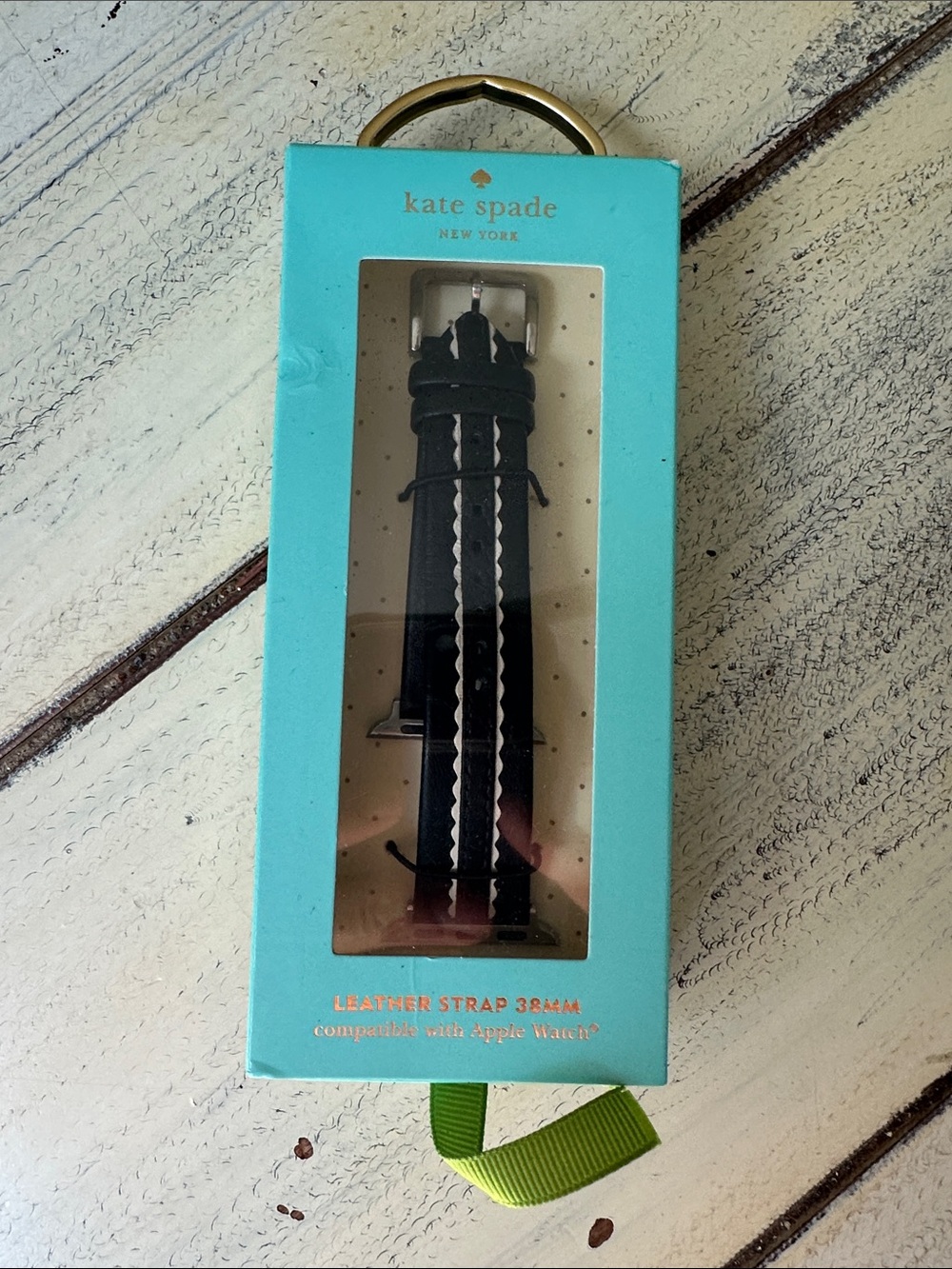 Black Leather Kate Spade Apple Watch Band with White Scallop Detail 38MM